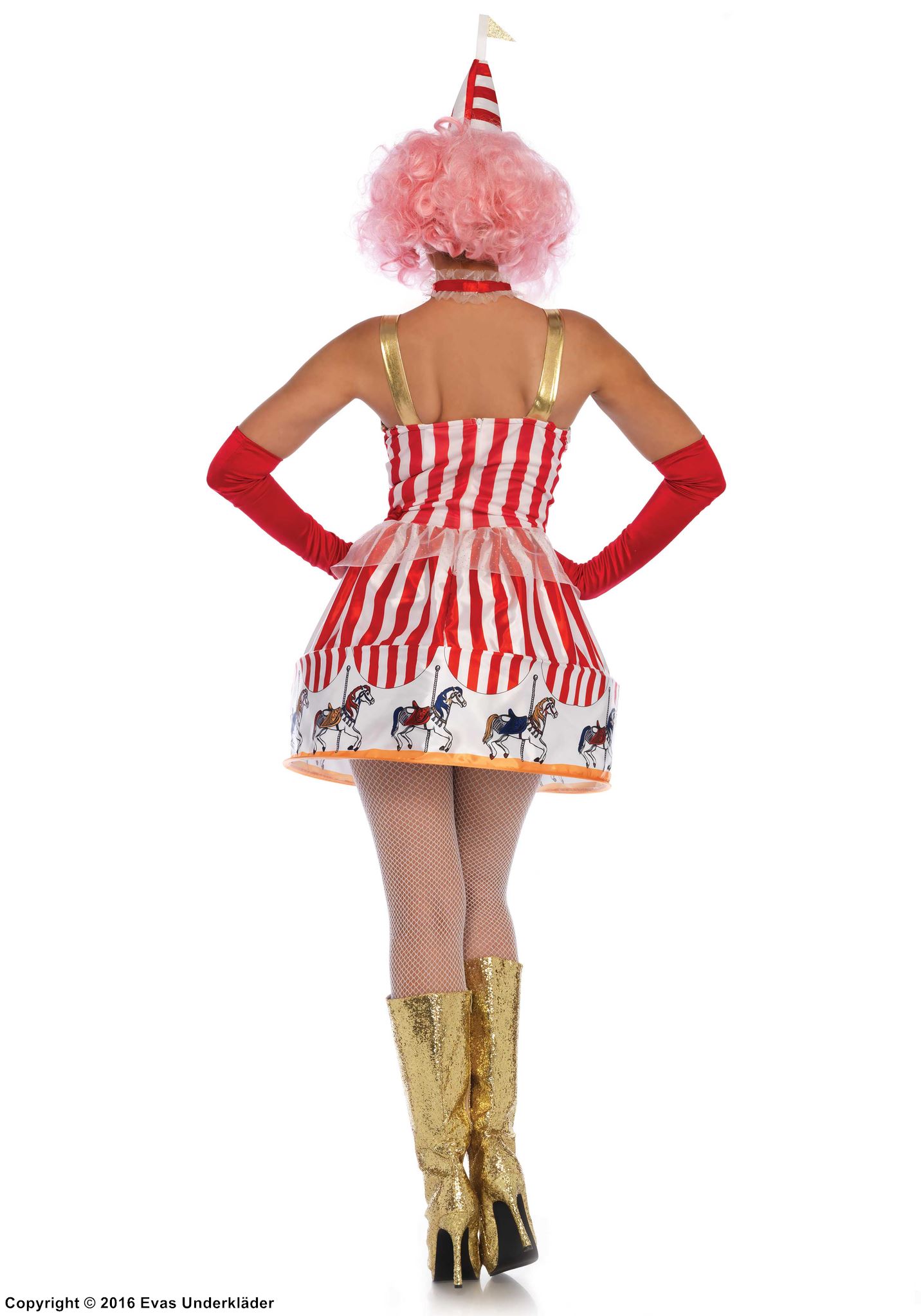Female clown, costume dress, big bow, mesh overlay, stars, vertical stripes